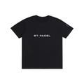 St. Padel Lifestyle Cotton T-Shirt. Black t-shirt with a white logo on a white background