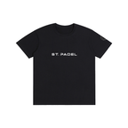 St. Padel Lifestyle Cotton T-Shirt. Black t-shirt with a white logo on a white background