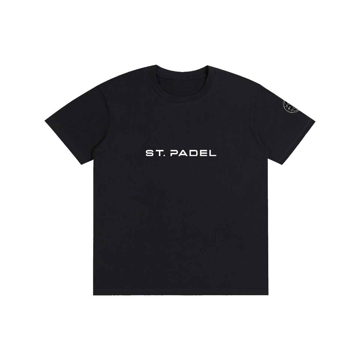 St. Padel Lifestyle Cotton T-Shirt. Black t-shirt with a white logo on a white background