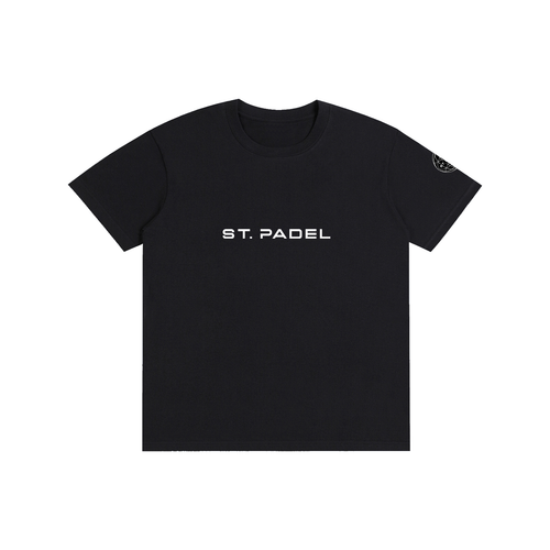 St. Padel Lifestyle Cotton T-Shirt. Black t-shirt with a white logo on a white background