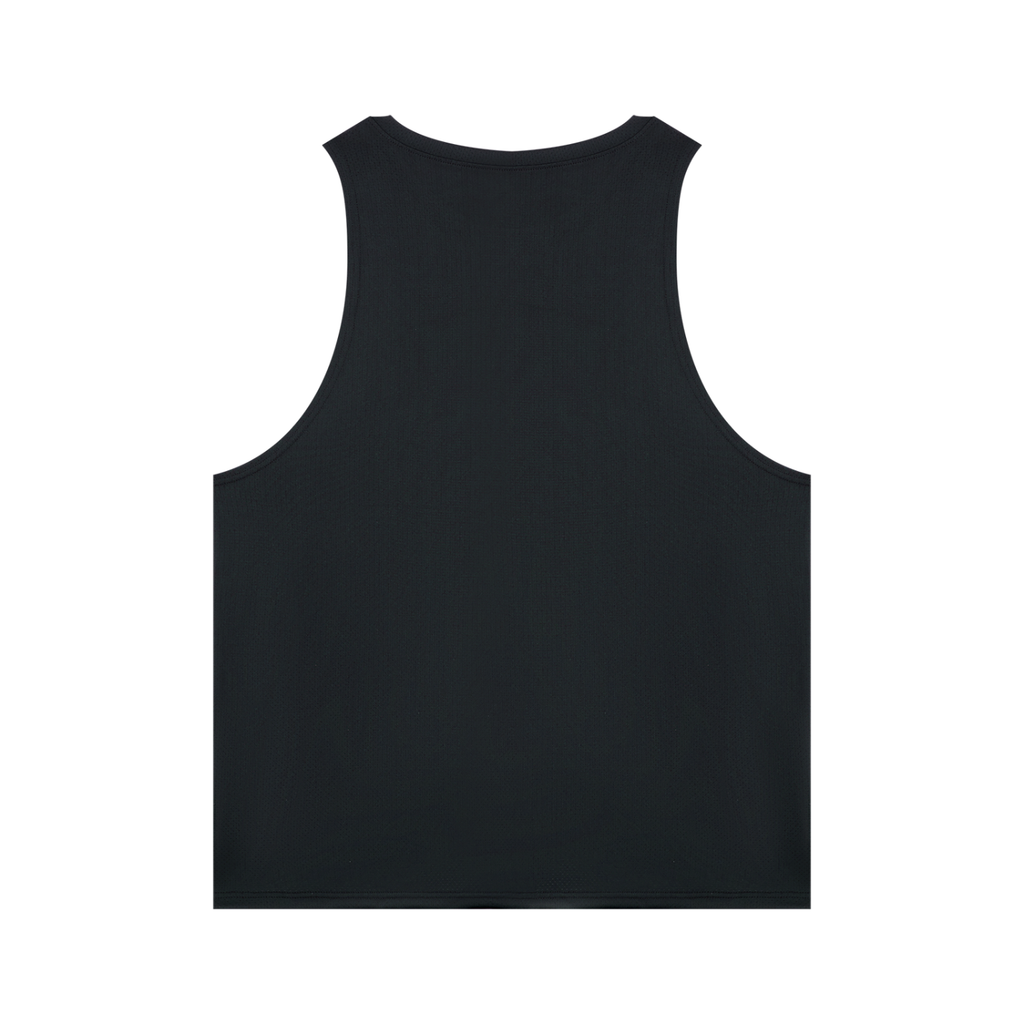St. Padel Men’s Performance Tank Top. A black sleeveless tank top shown from the back, photographed flat against a solid white background.