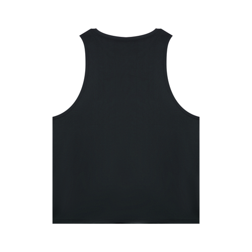 St. Padel Men’s Performance Tank Top. A black sleeveless tank top shown from the back, photographed flat against a solid white background.