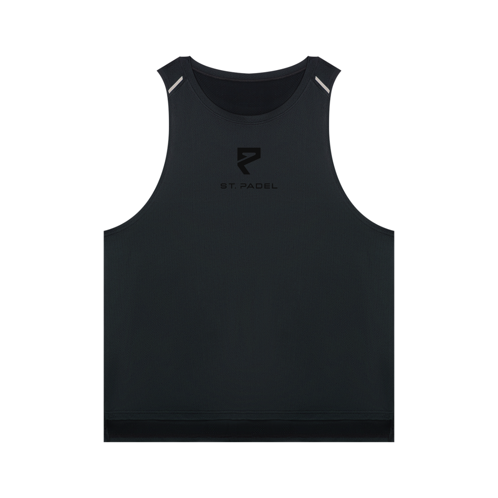 St. Padel Men’s Performance Tank Top. A black sleeveless athletic tank top with a tonal black logo and text on the center chest reading 'ST. PADEL' beneath a stylized 'P' emblem.