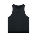 St. Padel Men’s Performance Tank Top. A black sleeveless athletic tank top with a tonal black logo and text on the center chest reading 'ST. PADEL' beneath a stylized 'P' emblem.