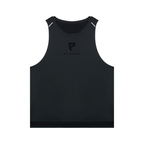 St. Padel Men’s Performance Tank Top. A black sleeveless athletic tank top with a tonal black logo and text on the center chest reading 'ST. PADEL' beneath a stylized 'P' emblem.