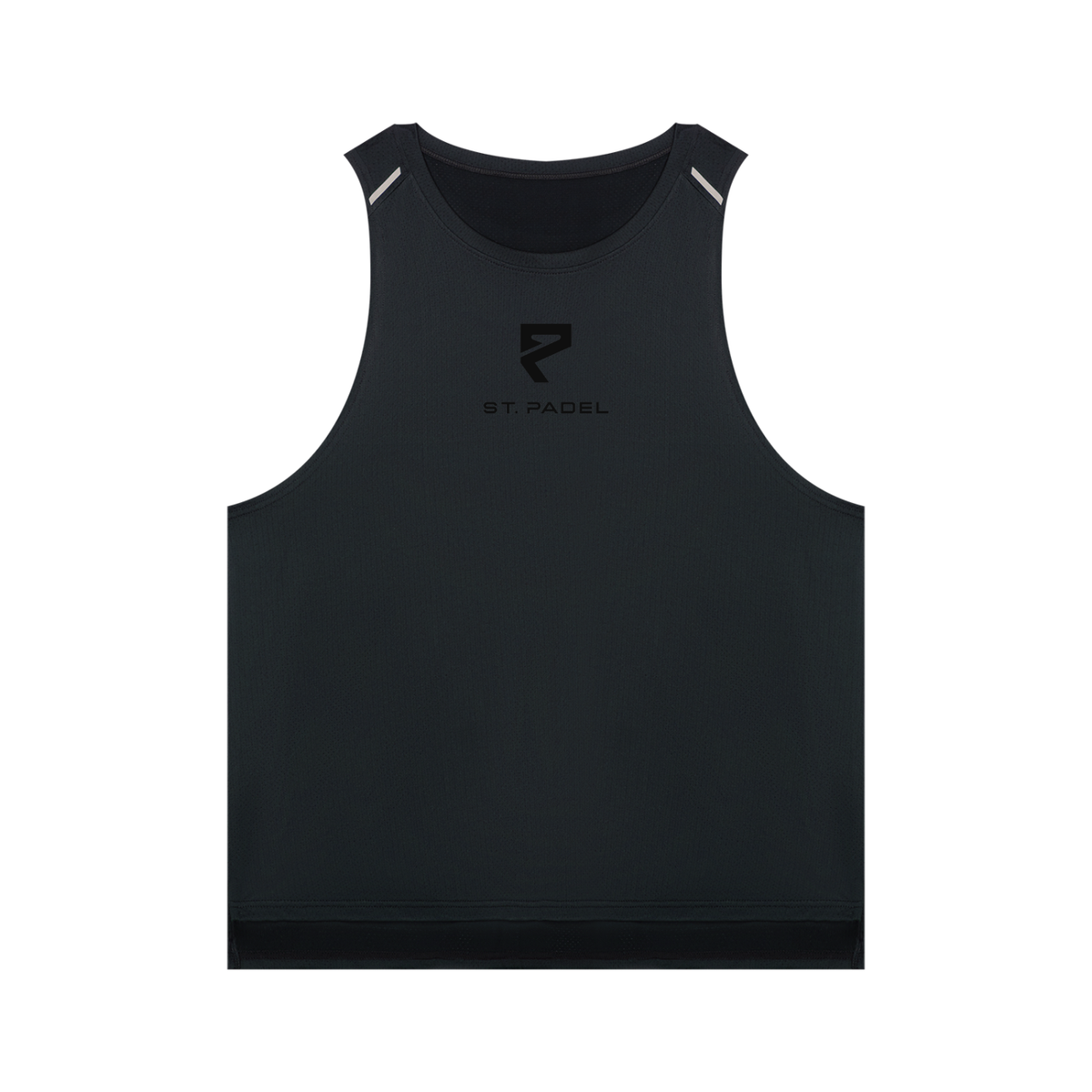 St. Padel Men’s Performance Tank Top. A black sleeveless athletic tank top with a tonal black logo and text on the center chest reading 'ST. PADEL' beneath a stylized 'P' emblem.