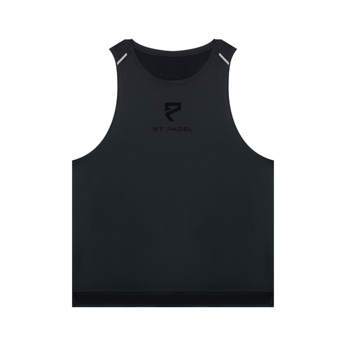 St. Padel Men’s Performance Tank Top. A black sleeveless athletic tank top with a tonal black logo and text on the center chest reading 'ST. PADEL' beneath a stylized 'P' emblem.