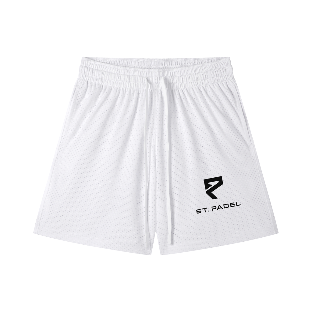 St. Padel Mesh Drawstring Shorts with a black spider graphic on the left leg, displayed on a clean white background.