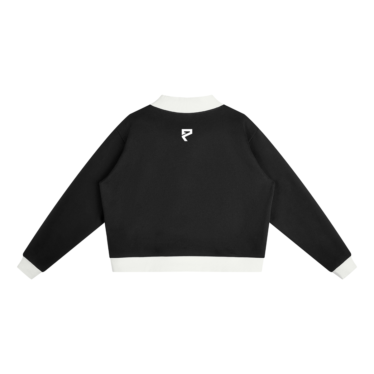 St. Padel Mock Neck Pullover. A black long-sleeve cropped sweatshirt shown from the back, featuring a white ribbed collar, hem, and cuffs, with a small white stylized 'P' logo centered above the back neckline.