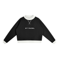 St. Padel Mock Neck Pullover. A black long-sleeve cropped sweatshirt with a white ribbed crew neck, cuffs, and hem, featuring 'ST PADEL' printed in white arched block letters across the chest.