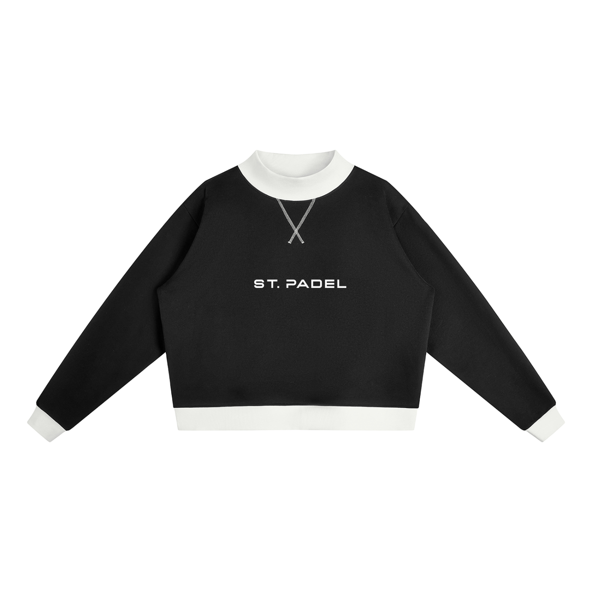St. Padel Mock Neck Pullover. A black long-sleeve cropped sweatshirt with a white ribbed crew neck, cuffs, and hem, featuring 'ST PADEL' printed in white arched block letters across the chest.