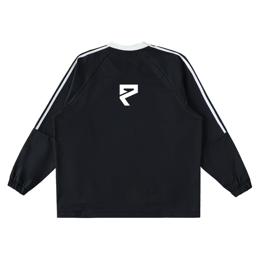 St. Padel Off-Court Warmup Pullover. A black long-sleeve track jacket shown from the back, featuring white double stripes running down the sleeves and a white geometric logo on the upper back, set against a plain white background.