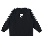 St. Padel Off-Court Warmup Pullover. A black long-sleeve track jacket shown from the back, featuring white double stripes running down the sleeves and a white geometric logo on the upper back, set against a plain white background.