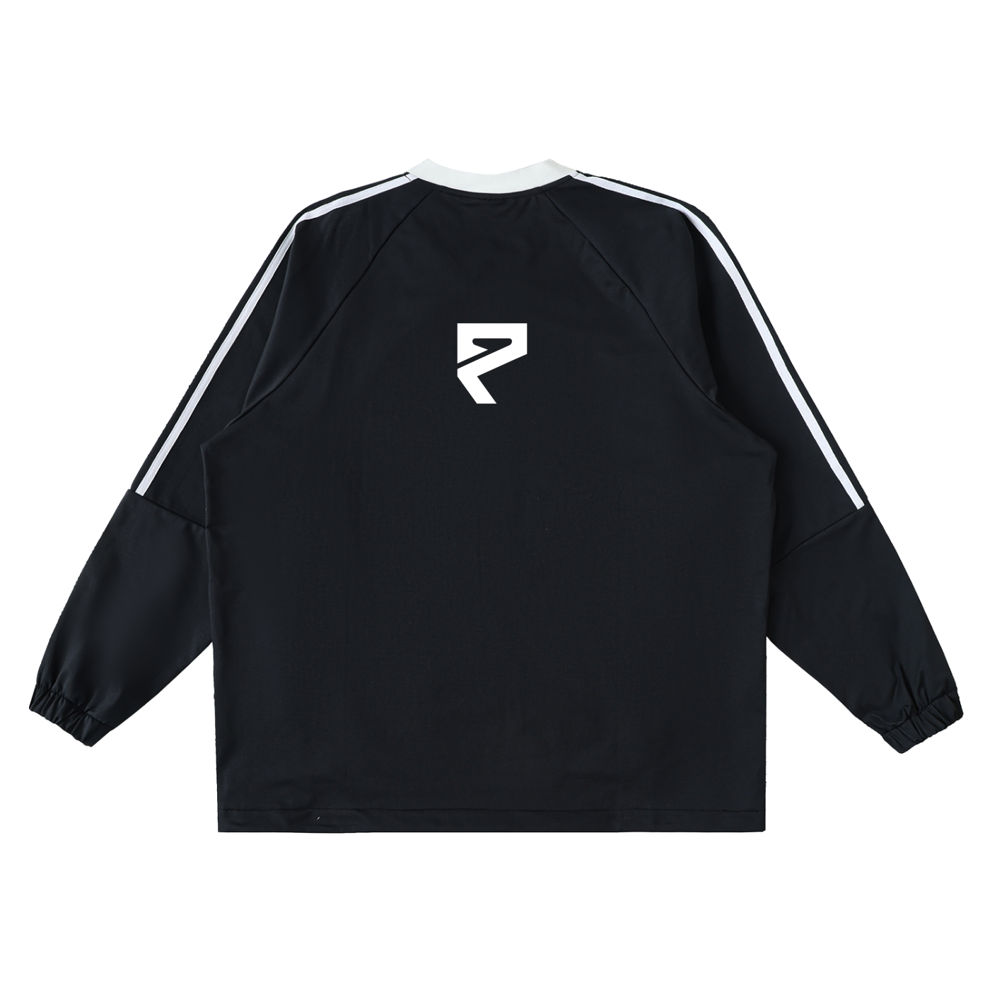St. Padel Off-Court Warmup Pullover. A black long-sleeve track jacket shown from the back, featuring white double stripes running down the sleeves and a white geometric logo on the upper back, set against a plain white background.
