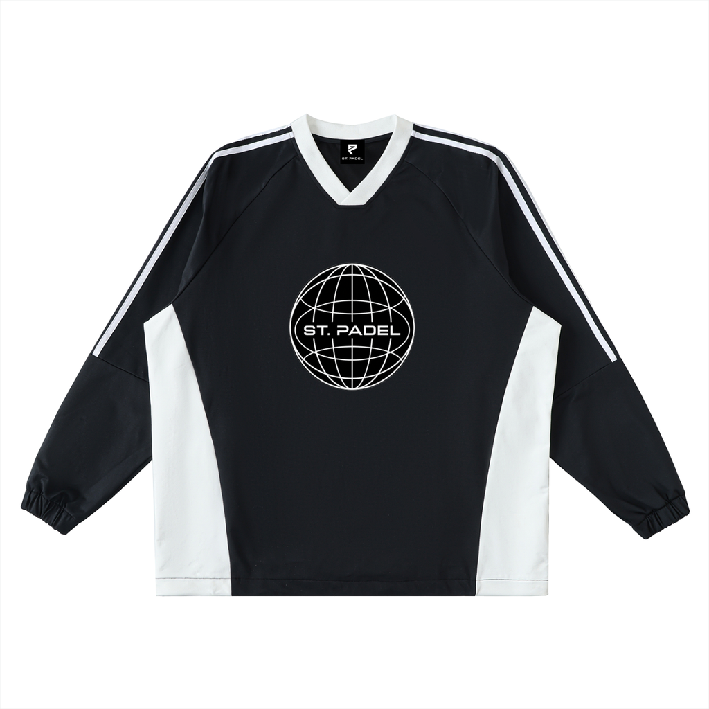 St. Padel Off-Court Warmup Pullover. Black and white sports jersey with 'ST. PADEL' text on a white background