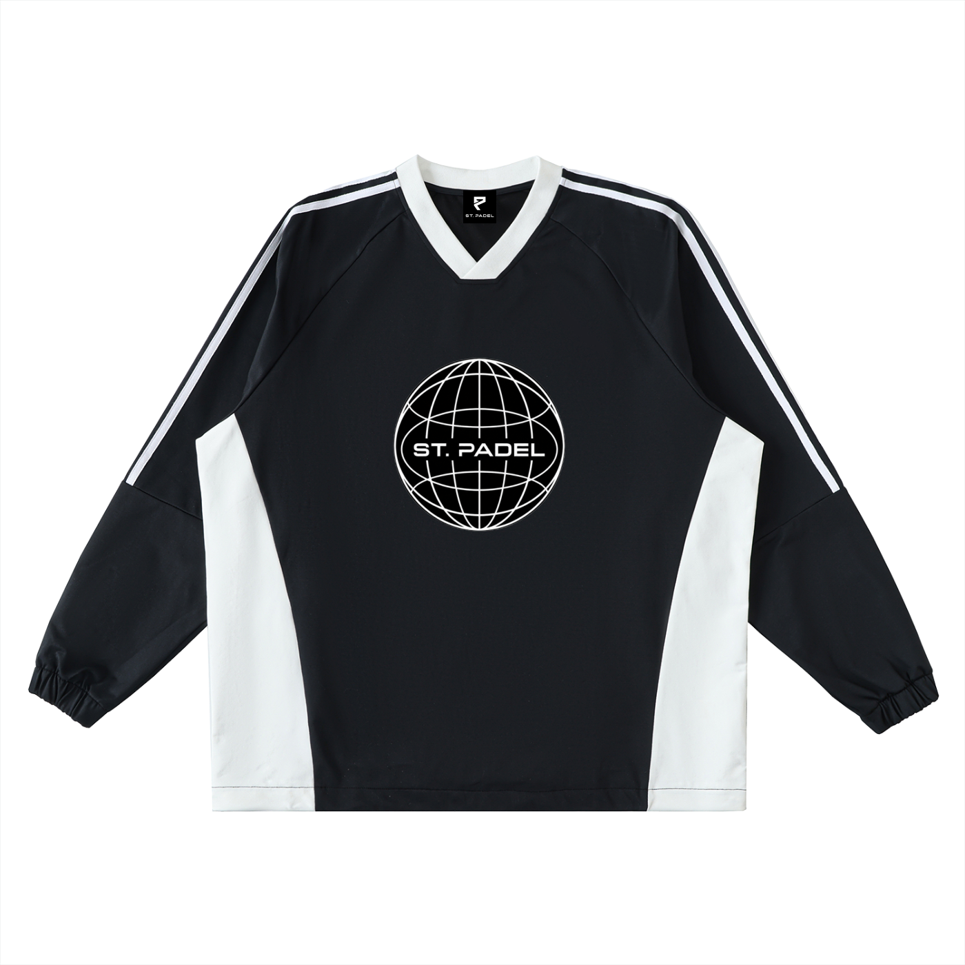 St. Padel Off-Court Warmup Pullover. Black and white sports jersey with 'ST. PADEL' text on a white background
