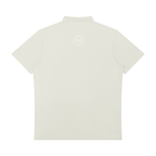 St. Padel Performance Polo Zip Shirt. The back view of a short-sleeve polo shirt in a light cream or off-white color, featuring a small circular logo printed on the upper back.
