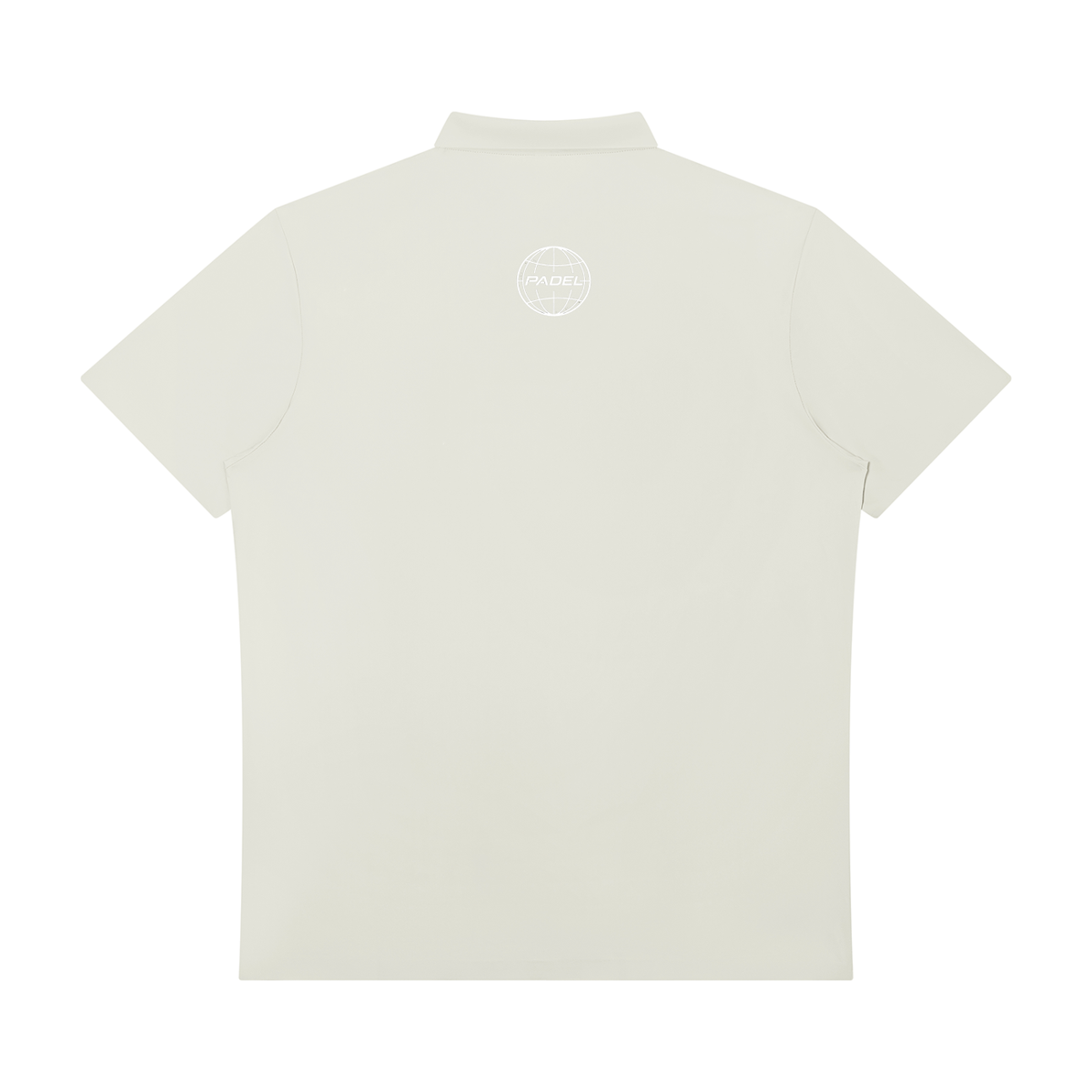 St. Padel Performance Polo Zip Shirt. The back view of a short-sleeve polo shirt in a light cream or off-white color, featuring a small circular logo printed on the upper back.