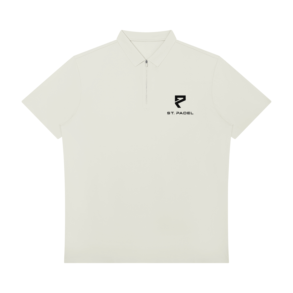 St. Padel Performance Polo Zip Shirt. Beige t-shirt with 'ST. PADEL' logo on a white background