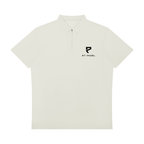 St. Padel Performance Polo Zip Shirt. Beige t-shirt with 'ST. PADEL' logo on a white background