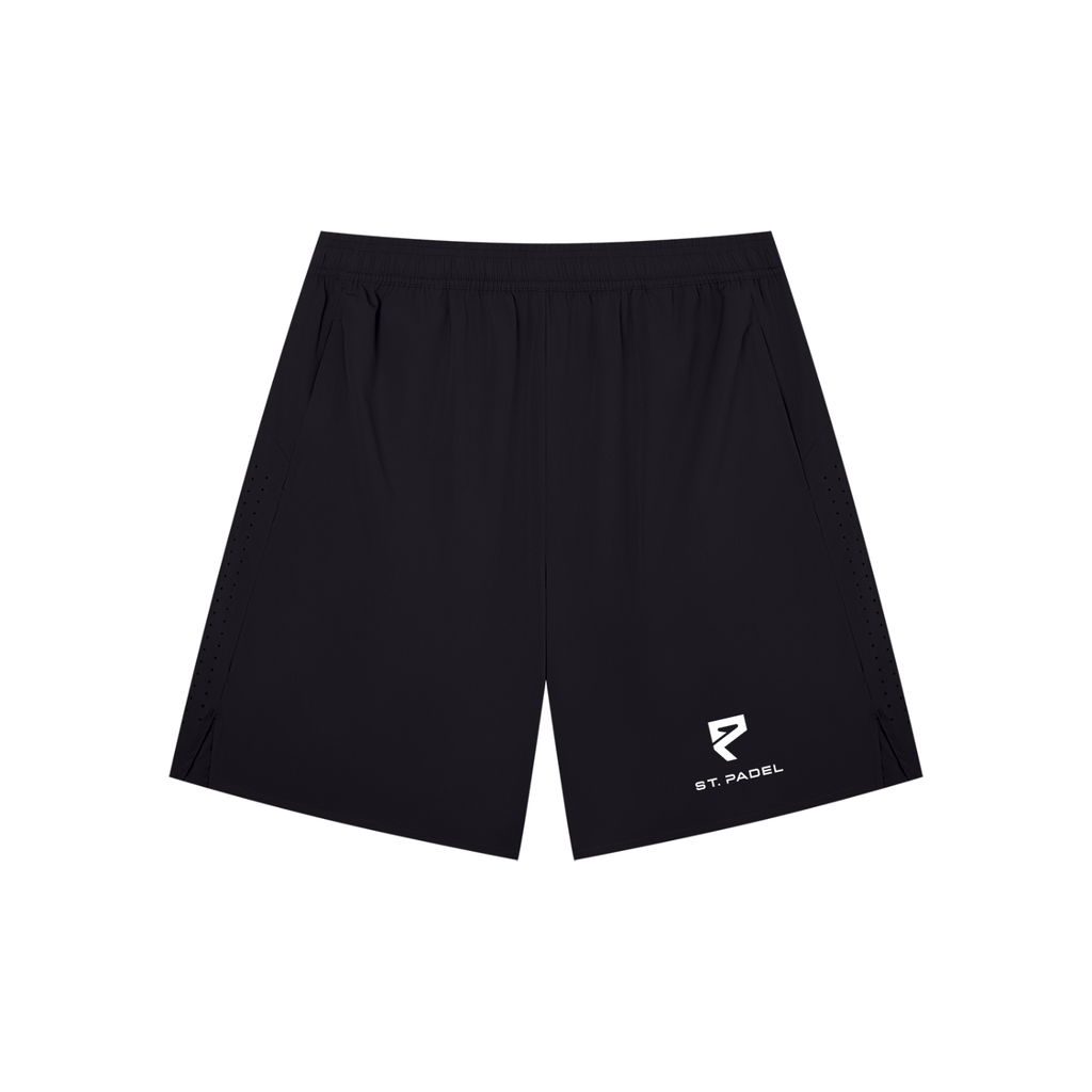 St. Padel Performance Shorts with a white stylized logo on the lower left leg, displayed flat against a solid white background.