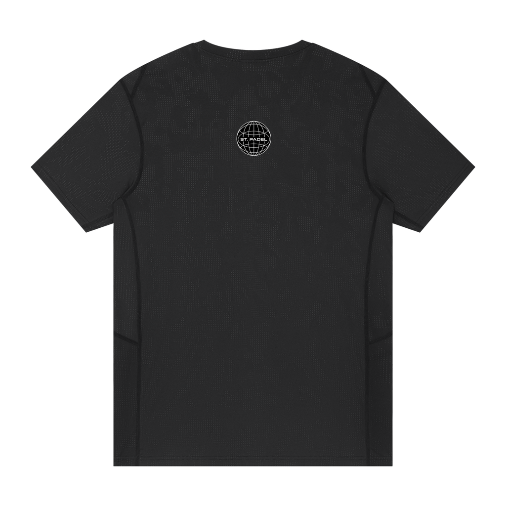St. Padel Performance T-Shirt. Black t-shirt with 'ST PADEL' text on a white background