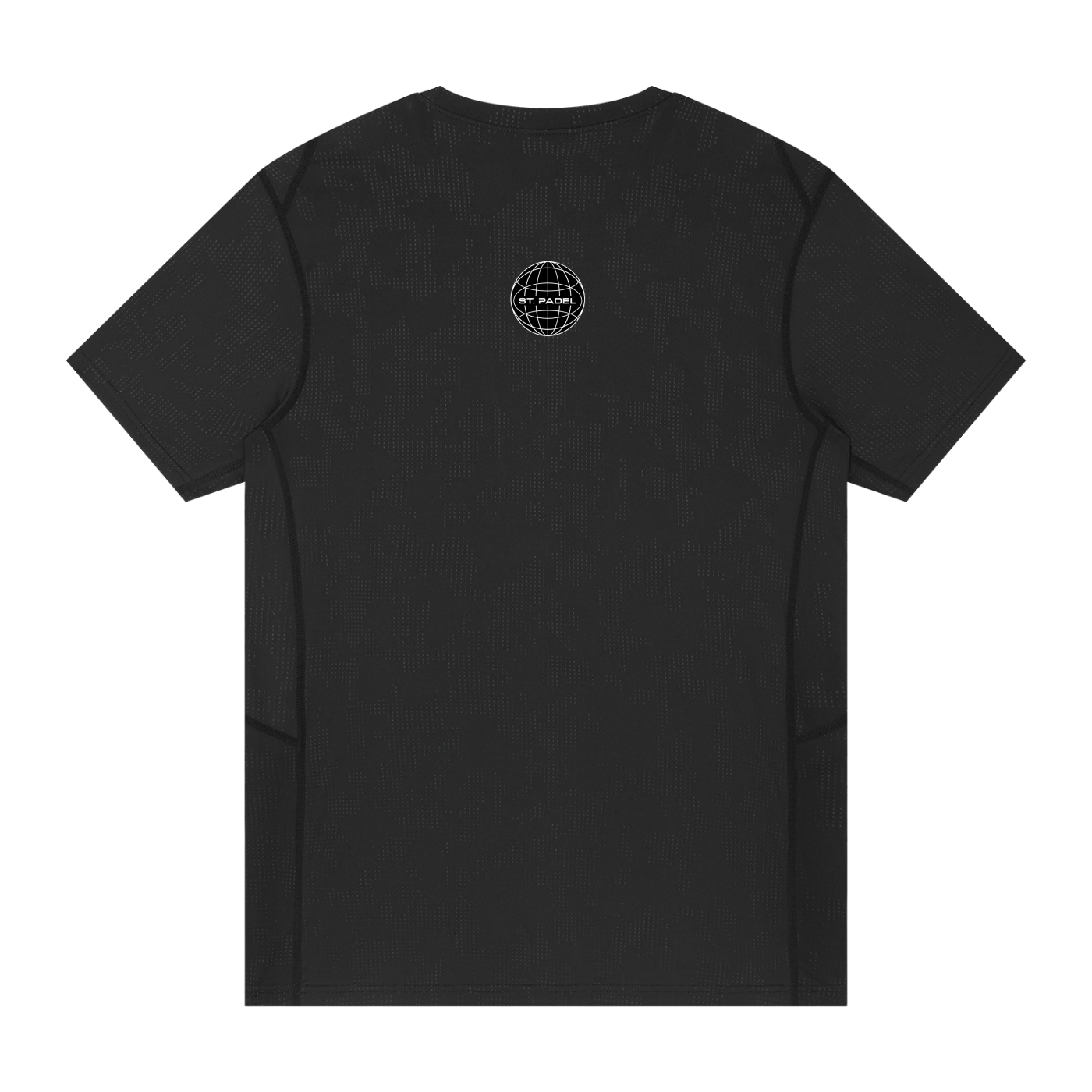 St. Padel Performance T-Shirt. Black t-shirt with 'ST PADEL' text on a white background