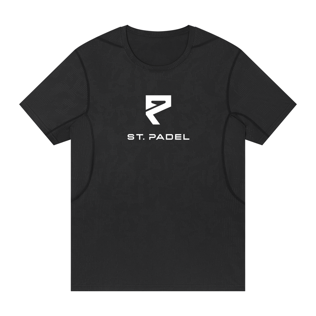 St. Padel Performance T-Shirt. A black short-sleeve athletic t-shirt with a white 'ST. PADEL' logo and graphic printed on the chest, displayed on a solid white background.