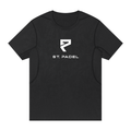 St. Padel Performance T-Shirt. A black short-sleeve athletic t-shirt with a white 'ST. PADEL' logo and graphic printed on the chest, displayed on a solid white background.