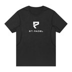 St. Padel Performance T-Shirt. A black short-sleeve athletic t-shirt with a white 'ST. PADEL' logo and graphic printed on the chest, displayed on a solid white background.