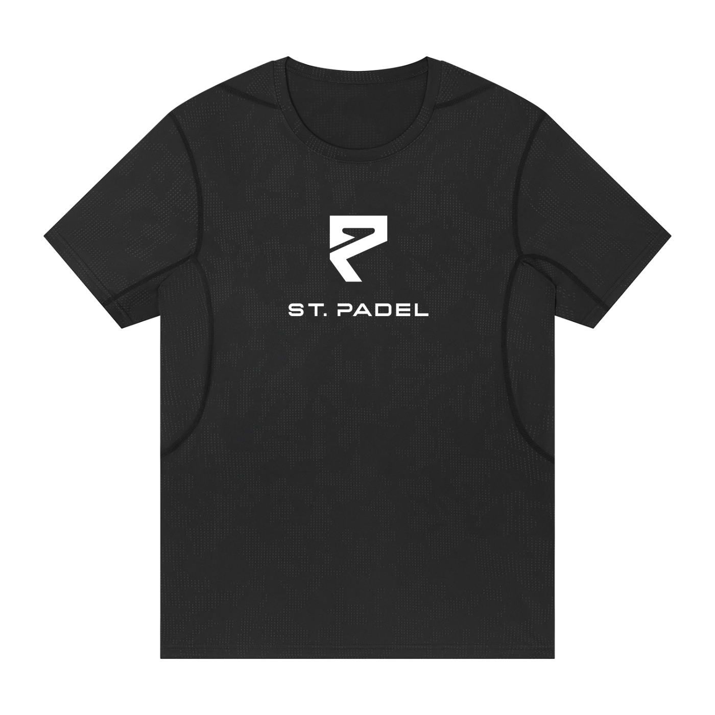 St. Padel Performance T-Shirt. A black short-sleeve athletic t-shirt with a white 'ST. PADEL' logo and graphic printed on the chest, displayed on a solid white background.