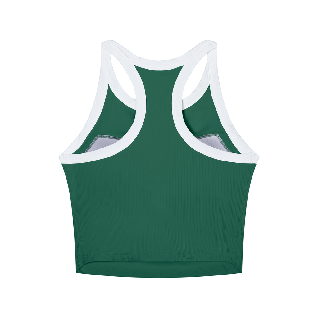 St. Padel Performance Tank. A green athletic tank top with white trim around the racerback straps and neckline, shown from the back on a white background.