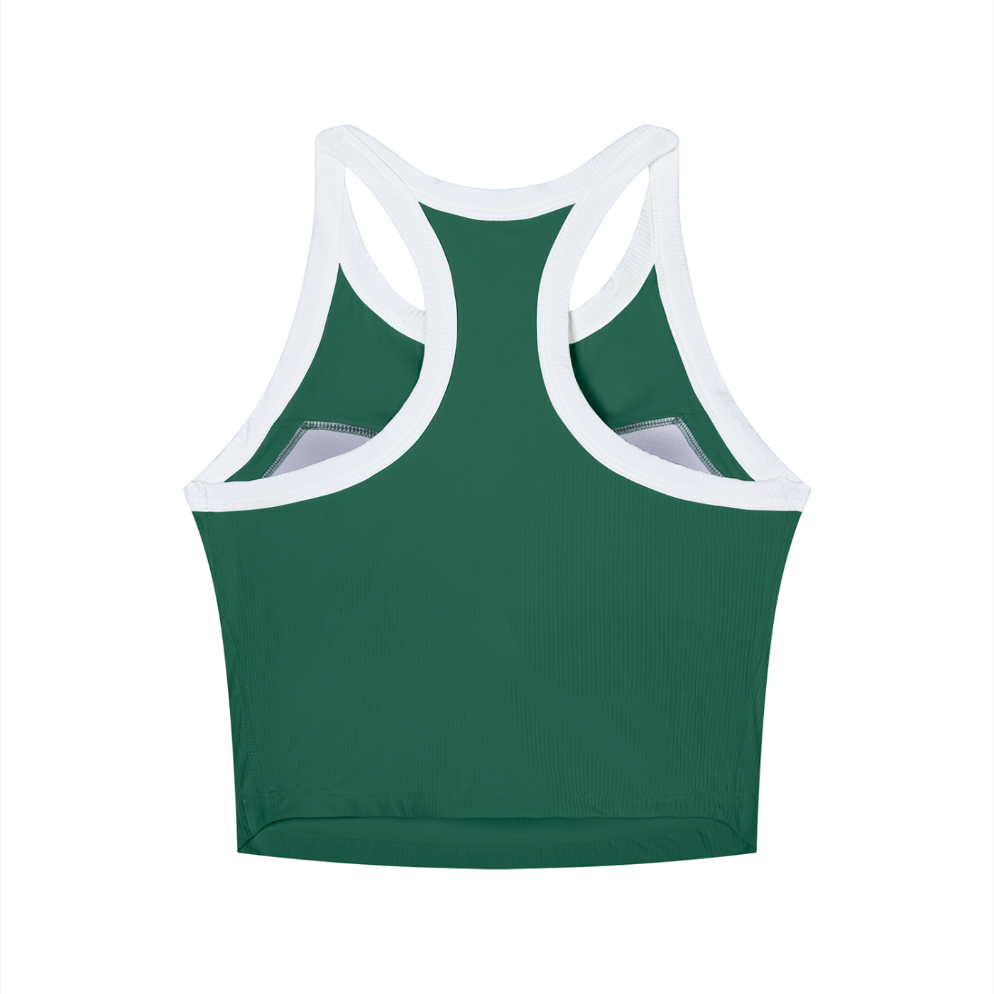 St. Padel Performance Tank. A green athletic tank top with white trim around the racerback straps and neckline, shown from the back on a white background.