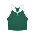 St. Padel Performance Tank. A dark green ribbed athletic tank top with white trim on the straps and neckline, featuring a white printed St. Padel logo on the center chest, shown against a plain white background.