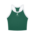 St. Padel Performance Tank. A dark green ribbed athletic tank top with white trim on the straps and neckline, featuring a white printed St. Padel logo on the center chest, shown against a plain white background.