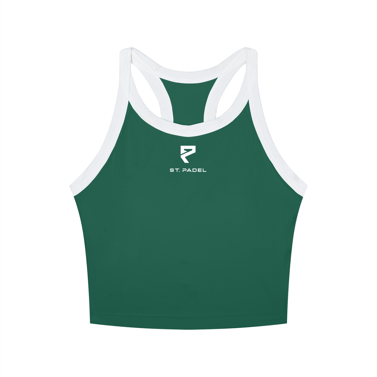 St. Padel Performance Tank. A dark green ribbed athletic tank top with white trim on the straps and neckline, featuring a white printed St. Padel logo on the center chest, shown against a plain white background.