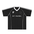 A black short-sleeve padel jersey with white accents, featuring a white V-neck collar, white shoulder stripes, 'ST. PADEL' printed across the chest, and two white logos on the chest, displayed on a solid white background.