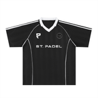 A black short-sleeve padel jersey with white accents, featuring a white V-neck collar, white shoulder stripes, 'ST. PADEL' printed across the chest, and two white logos on the chest, displayed on a solid white background.