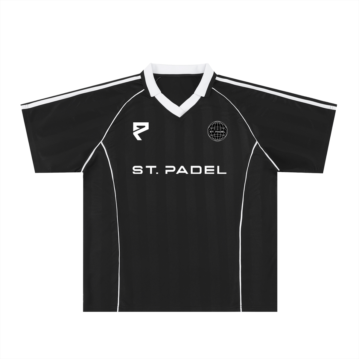 A black short-sleeve padel jersey with white accents, featuring a white V-neck collar, white shoulder stripes, 'ST. PADEL' printed across the chest, and two white logos on the chest, displayed on a solid white background.