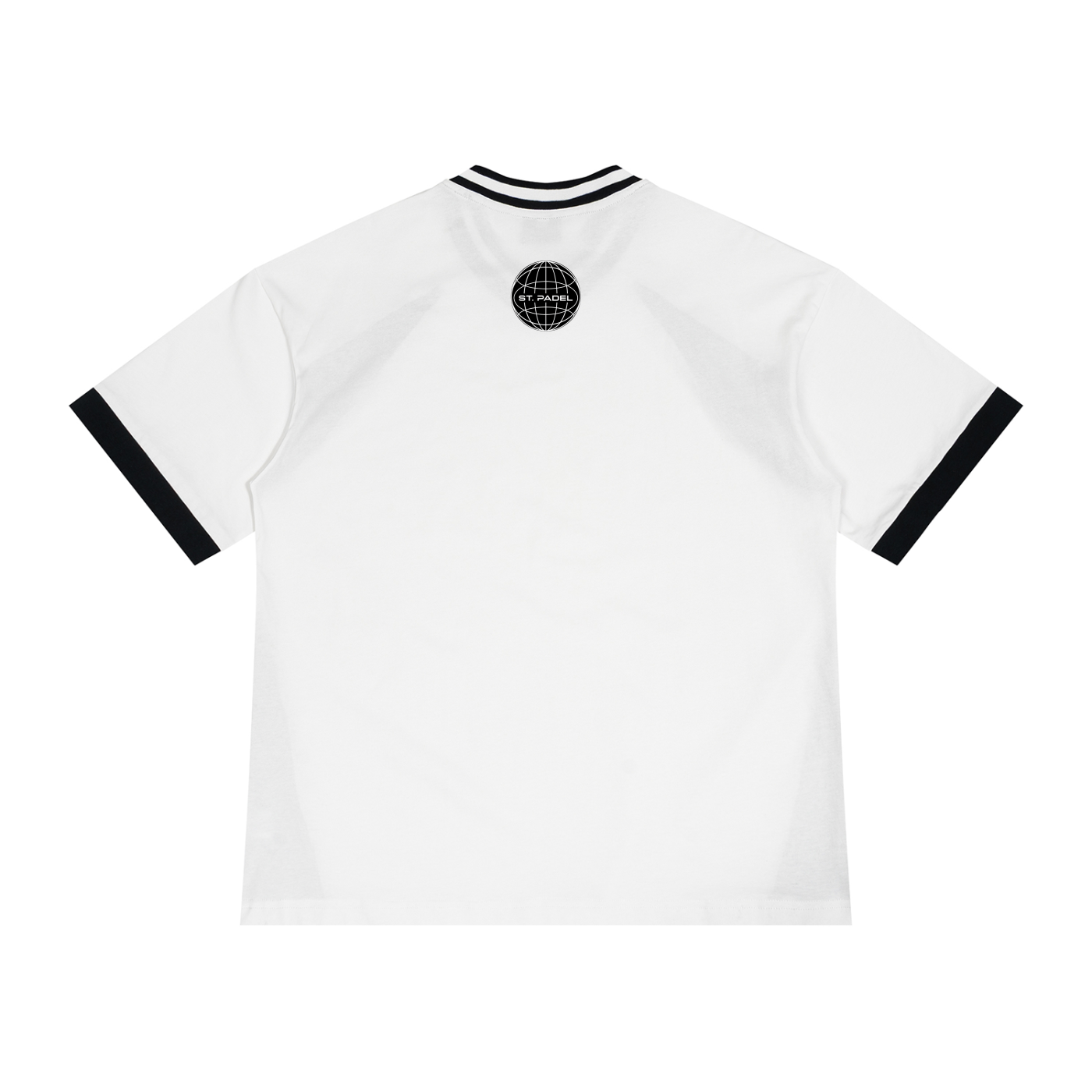 St. Padel V-Neck Jersey. White short-sleeve ringer t-shirt shown from the back, featuring black contrast trim on the collar and sleeve cuffs, with a small black circular globe graphic printed at the center of the upper back.