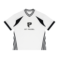 St. Padel V-Neck Jersey. A white short-sleeve athletic jersey with black V-neck trim, black shoulder panels, black sleeve cuffs, and black side stripes. The center chest features a black geometric logo above the text 'ST. PADEL