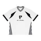 St. Padel V-Neck Jersey. A white short-sleeve athletic jersey with black V-neck trim, black shoulder panels, black sleeve cuffs, and black side stripes. The center chest features a black geometric logo above the text 'ST. PADEL