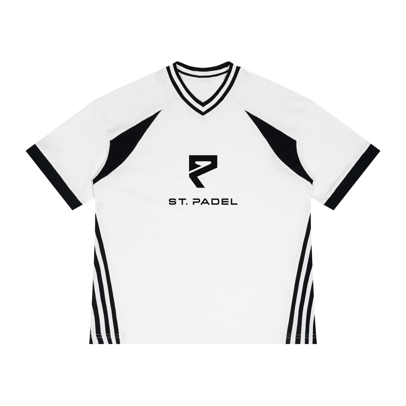 St. Padel V-Neck Jersey. A white short-sleeve athletic jersey with black V-neck trim, black shoulder panels, black sleeve cuffs, and black side stripes. The center chest features a black geometric logo above the text 'ST. PADEL