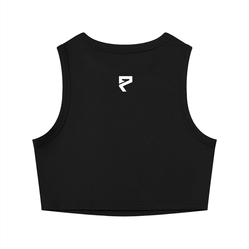 St. Padel Women's Crewneck Crop Tank Top. Black sleeveless crop top with a small white stylized logo centered on the upper back, shown on a plain white background.