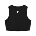St. Padel Women's Crewneck Crop Tank Top. Black sleeveless crop top with a small white stylized logo centered on the upper back, shown on a plain white background.