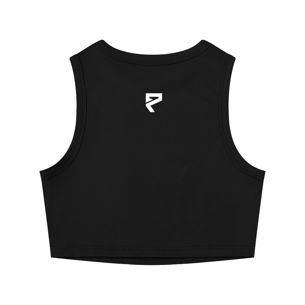 St. Padel Women's Crewneck Crop Tank Top. Black sleeveless crop top with a small white stylized logo centered on the upper back, shown on a plain white background.
