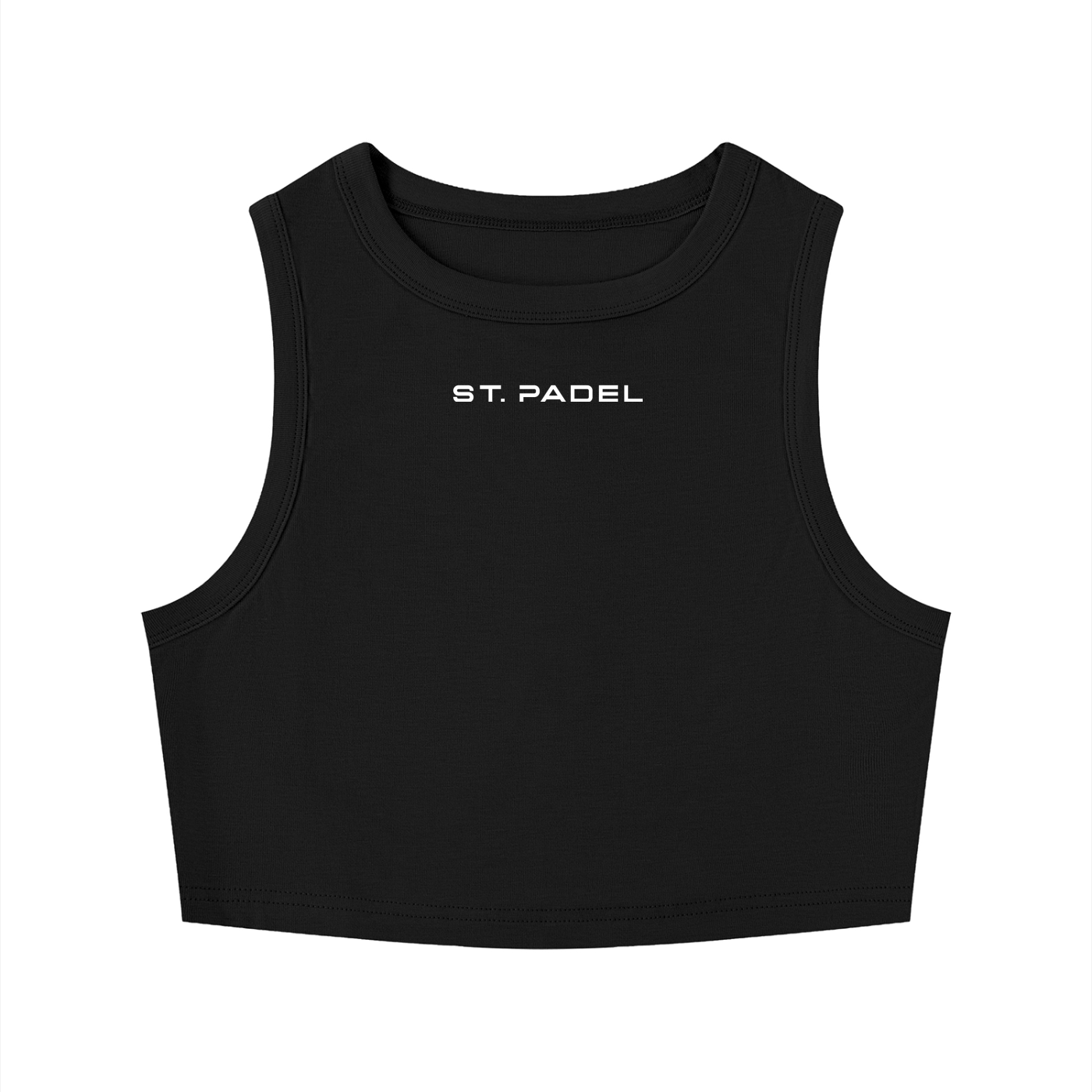 Black sleeveless top with 'ST. PADEL' text on a white background