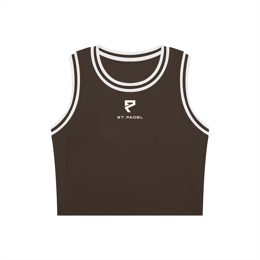 A dark brown sleeveless crop top with white double-striped trim around the crew neck and armholes, featuring a white St. Padel logo on the center chest, displayed on a solid white background.