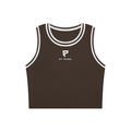 A dark brown sleeveless crop top with white double-striped trim around the crew neck and armholes, featuring a white St. Padel logo on the center chest, displayed on a solid white background.
