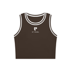 A dark brown sleeveless crop top with white double-striped trim around the crew neck and armholes, featuring a white St. Padel logo on the center chest, displayed on a solid white background.